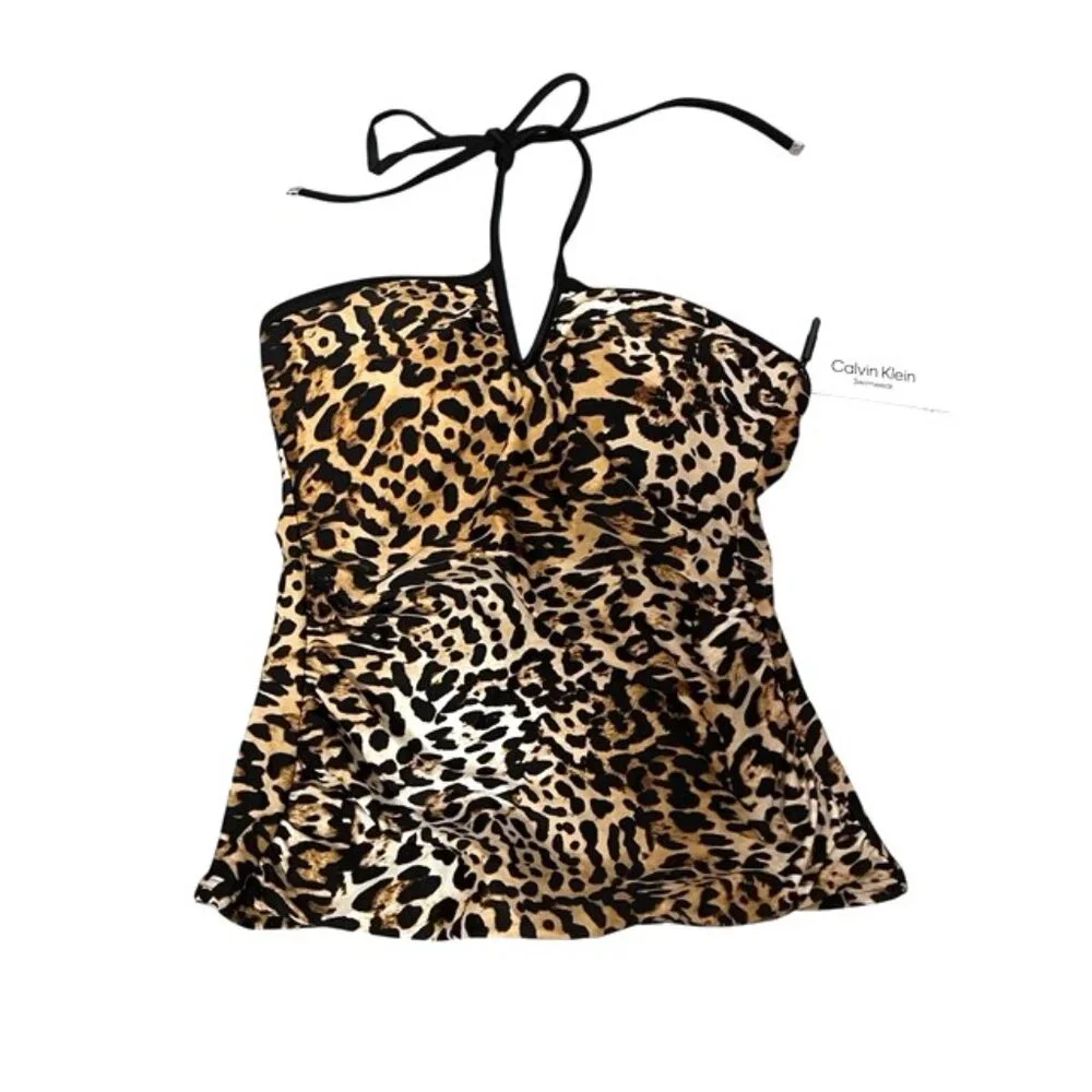 NWT Calvin Klein Animal Print Ruched Halter Tankini Swim Top XS